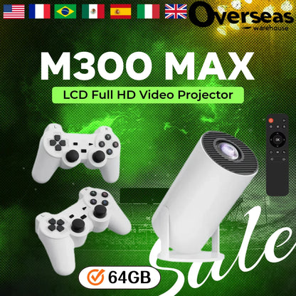 M300 Max Retro Video Game Consoles, 720P Mini Portable Smart Projector, 64GB Home Projector