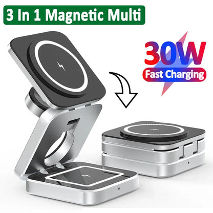 30W 3 in 1 Magnetic Wireless Charger Stand for iPhone 15 14 13 12 Pro Max Airpods Pro iWatch 8 7 6 Fast Charging Station